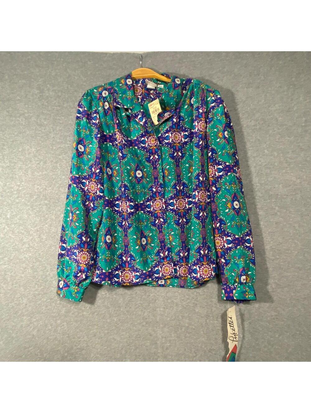 Vintage Pykettes Women's Blue Floral Long Sleeve Blouse Size 16